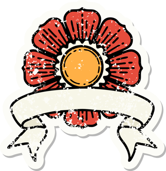 worn old sticker with banner of a flower png