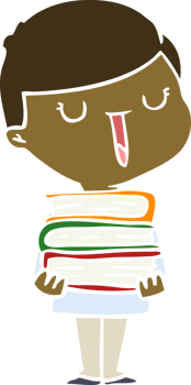 flat color style cartoon happy boy with stack of books png