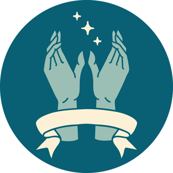 tattoo style icon with banner of reaching hands png