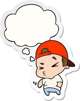cartoon cool kid with thought bubble as a printed sticker png