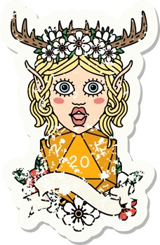 grunge sticker of a elf druid with natural twenty dice roll png