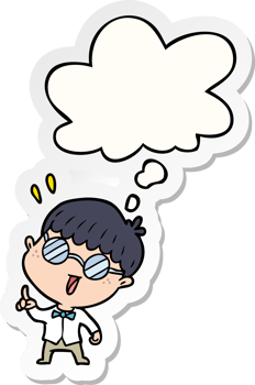 cartoon clever boy with thought bubble as a printed sticker png