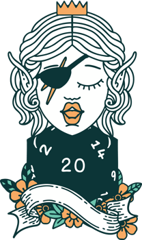 Retro Tattoo Style elf rogue with natural twenty dice roll png