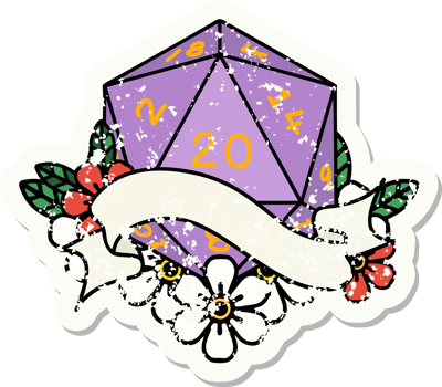 grunge sticker of a natural twenty D20 dice roll png
