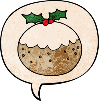 cartoon christmas pudding with speech bubble in retro texture style png