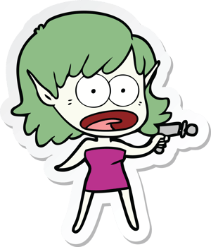 sticker of a cartoon shocked alien girl with ray gun png