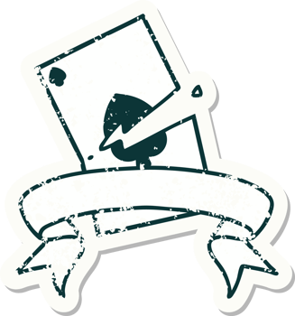 worn old sticker with banner of a torn card png