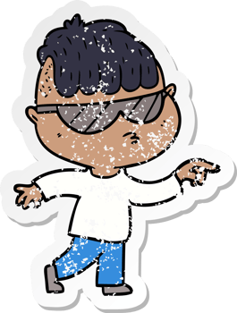 distressed sticker of a cartoon boy wearing sunglasses pointing png