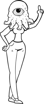black and white cartoon female alien with raised hand png