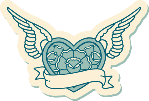 sticker of tattoo in traditional style of a flying heart with flowers and banner png