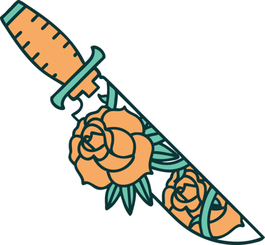 iconic tattoo style image of a dagger and flowers png