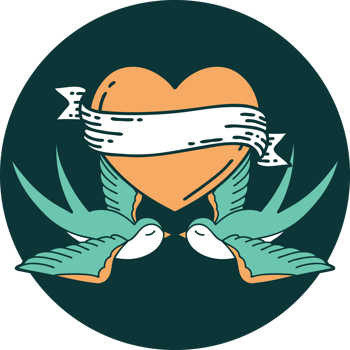 iconic tattoo style image of swallows and a heart with banner png