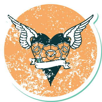 iconic distressed sticker tattoo style image of a flying heart with flowers and banner png