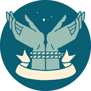 tattoo style icon with banner of a pair of tied hands png