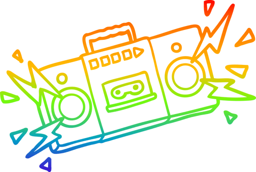 rainbow gradient line drawing of a retro cartoon tape cassette player blasting out old rock tunes png