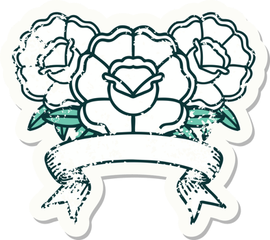 worn old sticker with banner of a bouquet of flowers png
