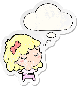 cartoon happy girl with thought bubble as a distressed worn sticker png