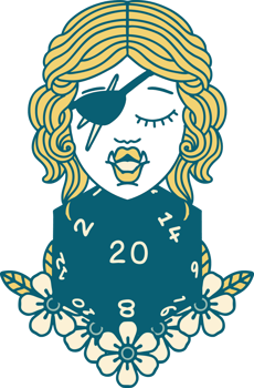 Retro Tattoo Style half orc rogue with natural twenty dice roll png