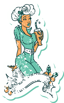 distressed sticker tattoo in traditional style of a pinup girl drinking a milkshake with banner png