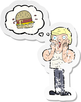 retro distressed sticker of a cartoon shocked man thinking about junk food png