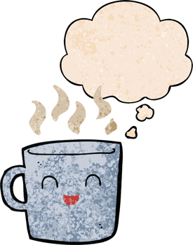 cute coffee cup cartoon with thought bubble in grunge texture style png
