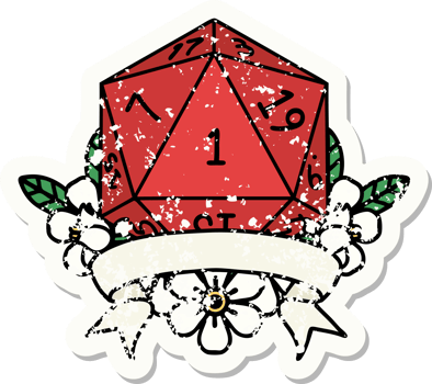 grunge sticker of a natural one d20 dice roll png