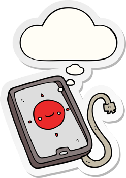 cartoon mobile phone device with thought bubble as a printed sticker png