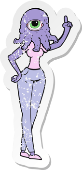 retro distressed sticker of a cartoon female alien with raised hand png