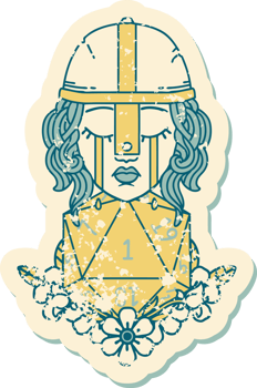 grunge sticker of a crying human fighter with natural one D20 roll png