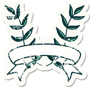 worn old sticker with banner of a laurel png