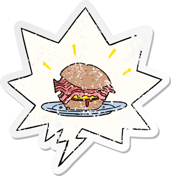 cartoon amazingly tasty bacon breakfast sandwich with cheese with speech bubble distressed distressed old sticker png