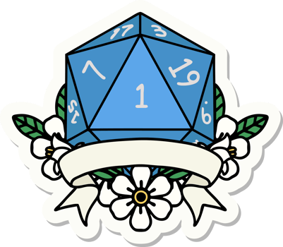 sticker of a natural one d20 dice roll png