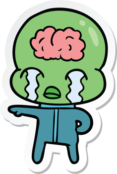 sticker of a cartoon big brain alien crying png