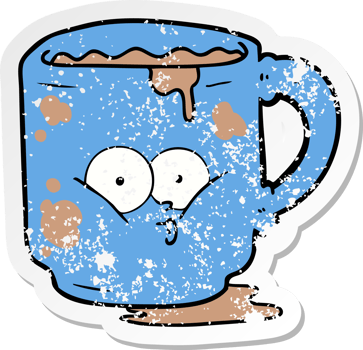 distressed sticker of a cartoon dirty office mug png