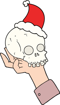 hand drawn line drawing of a hand holding skull wearing santa hat png
