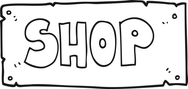 black and white cartoon shop sign png