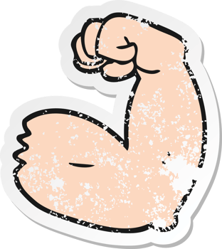 retro distressed sticker of a cartoon strong arm flexing bicep png