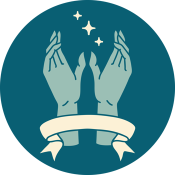 tattoo style icon with banner of mystic hands png