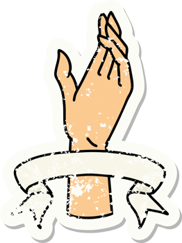 worn old sticker with banner of a hand png