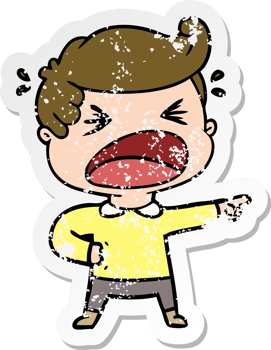 distressed sticker of a cartoon shouting man pointing finger png