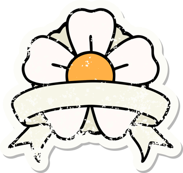 worn old sticker with banner of a flower png