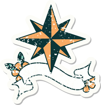 worn old sticker with banner of a star png