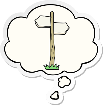 cartoon old direction sign with thought bubble as a printed sticker png