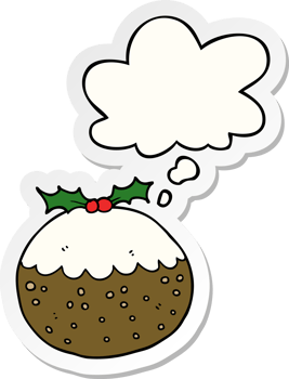cartoon christmas pudding with thought bubble as a printed sticker png