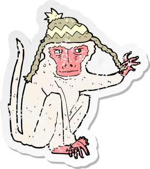 retro distressed sticker of a cartoon monkey wearing hat png