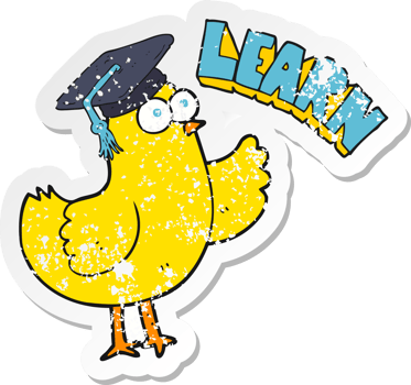 retro distressed sticker of a cartoon bird with learn text png