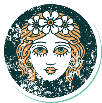 iconic distressed sticker tattoo style image of female face with crown of flowers png