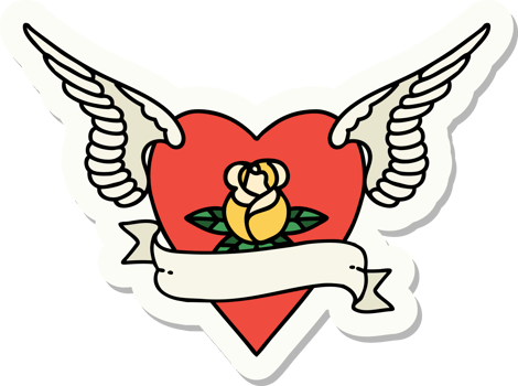 sticker of tattoo in traditional style of heart with wings a rose and banner png