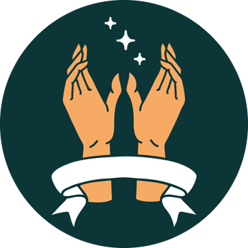 tattoo style icon with banner of reaching hands png