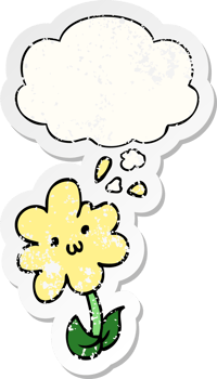 cartoon flower with thought bubble as a distressed worn sticker png